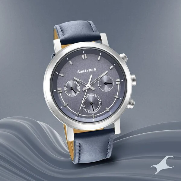 1-19-1.webp Fastrack Tick Tock Quartz Multifunction Blue Dial Leather Strap Watch for Guys