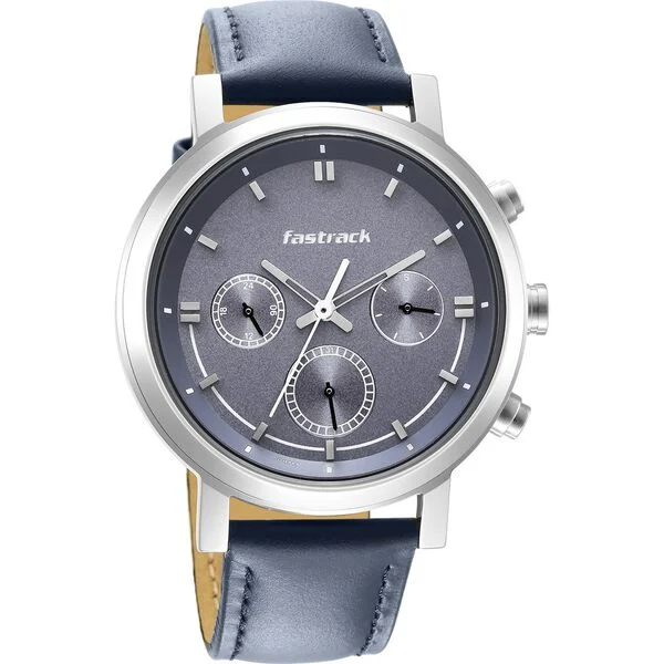 Fastrack Tick Tock Quartz Multifunction Blue Dial Leather Strap Watch for Guys