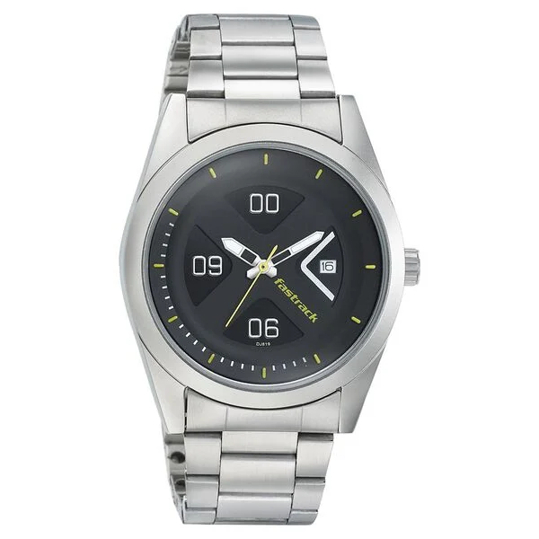 3218SM02_1.webp Fastrack Go Skate Quartz Analog Date Black Dial Stainless Steel Watch for Guys