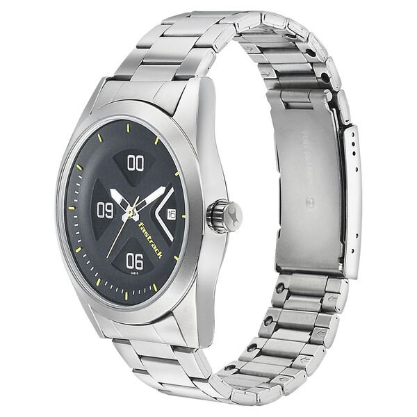 Fastrack Go Skate Quartz Analog Date Black Dial Stainless Steel Watch for Guys