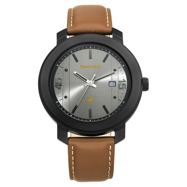 3246NL01_2.webp Fastrack Bare Basics Quartz Analog Date Grey Dial Leather Strap Watch for Guys