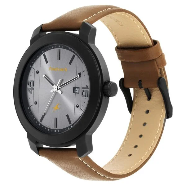 3246NL01_4.webp Fastrack Bare Basics Quartz Analog Date Grey Dial Leather Strap Watch for Guys