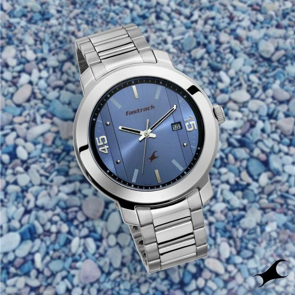 3246SM03_1.webp Fastrack Bare Basics Quartz Analog with Date Blue Dial Stainless Steel Strap Watch for Guys