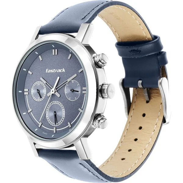 Fastrack Tick Tock Quartz Multifunction Blue Dial Leather Strap Watch for Guys