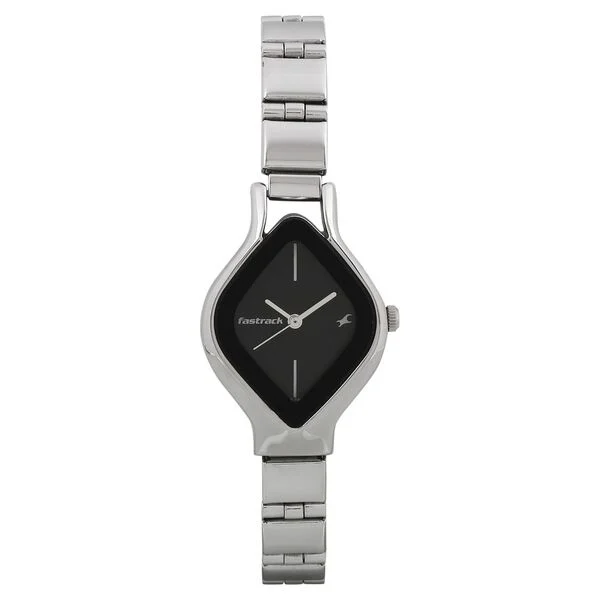 6109SM02_1.webp Fastrack Quartz Analog Black Dial Stainless Steel Strap Watch for Girls