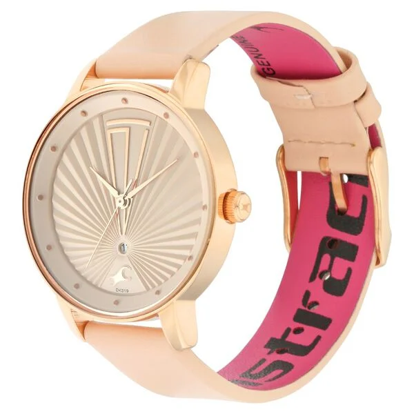 6206WL01_4.webp Fastrack Ruffles Quartz Analog with Date Beige Dial Leather Strap Watch for Girls (6206wl01)