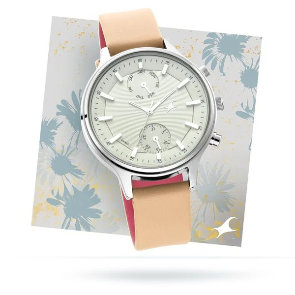 6208SL01_1.webp Fastrack Ruffles Quartz Multifunction Beige Dial Leather Strap Watch for Girls (6208SL01)