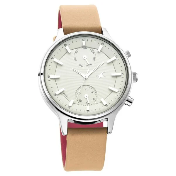 6208SL01_2.webp Fastrack Ruffles Quartz Multifunction Beige Dial Leather Strap Watch for Girls (6208SL01)