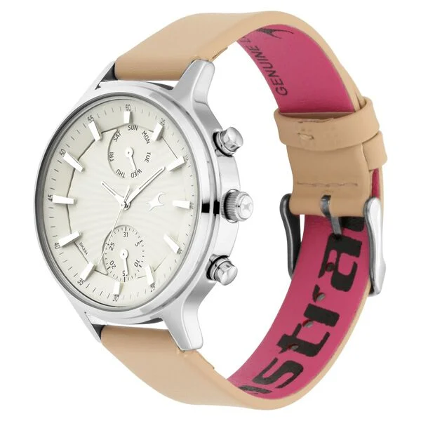 6208SL01_4.webp Fastrack Ruffles Quartz Multifunction Beige Dial Leather Strap Watch for Girls (6208SL01)